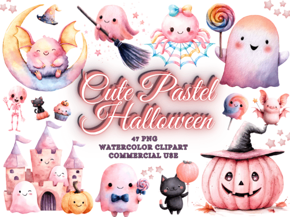 Cute Pink Halloween Clipart Bundle