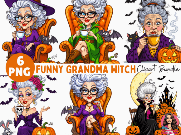 Funny Grandma Witch 6 PNG Bundle: Whimsical Halloween Art for Creators