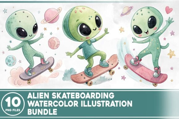 Unleash Cosmic Creativity with the Alien Skateboarding Watercolor Bundle