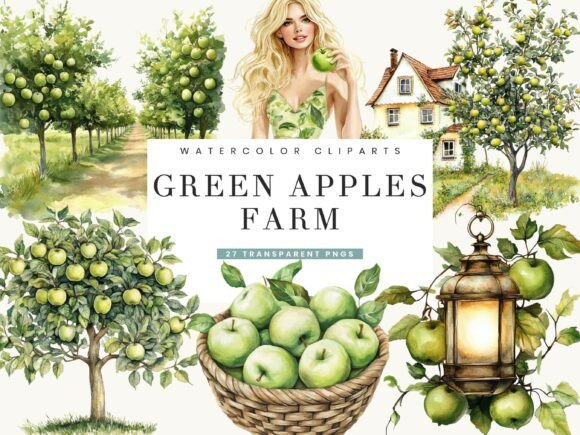 Watercolor Green Apples Farm Clipart