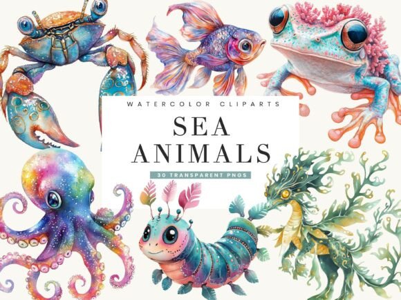 Watercolor Sea Animals Clipart Bundle