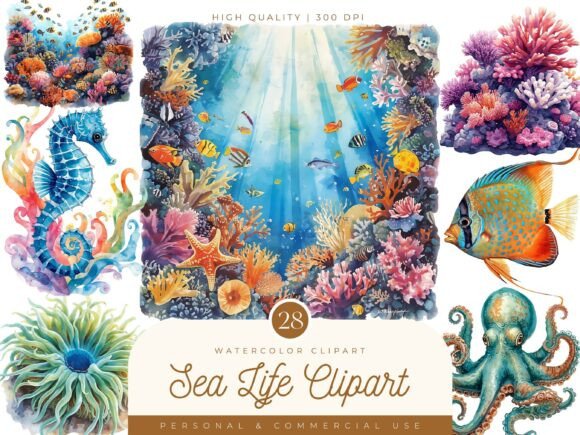 Watercolor Sea Life Clipart Bundle