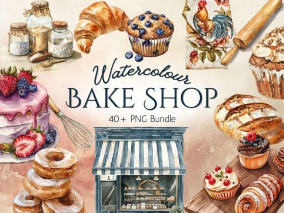 Watercolour Bakery PNG Clipart Set: Elevating Your Brand with Hand-Painted Charm